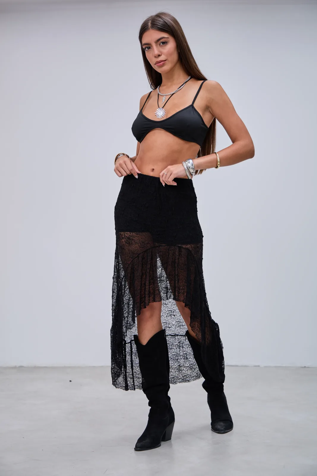 Pollera Encaje Volados Negro L26-3332