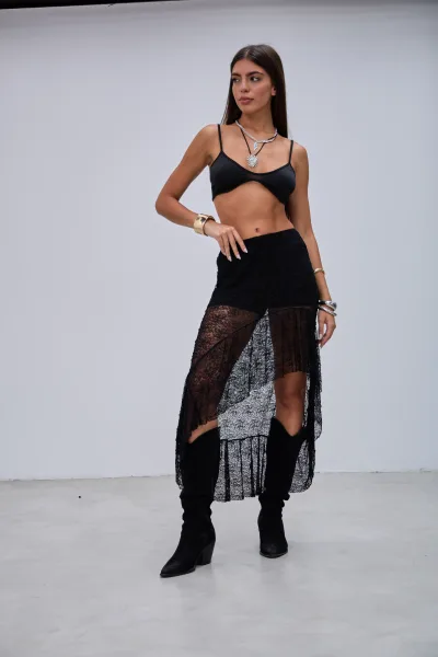 Pollera Encaje Volados Negro L26-3332